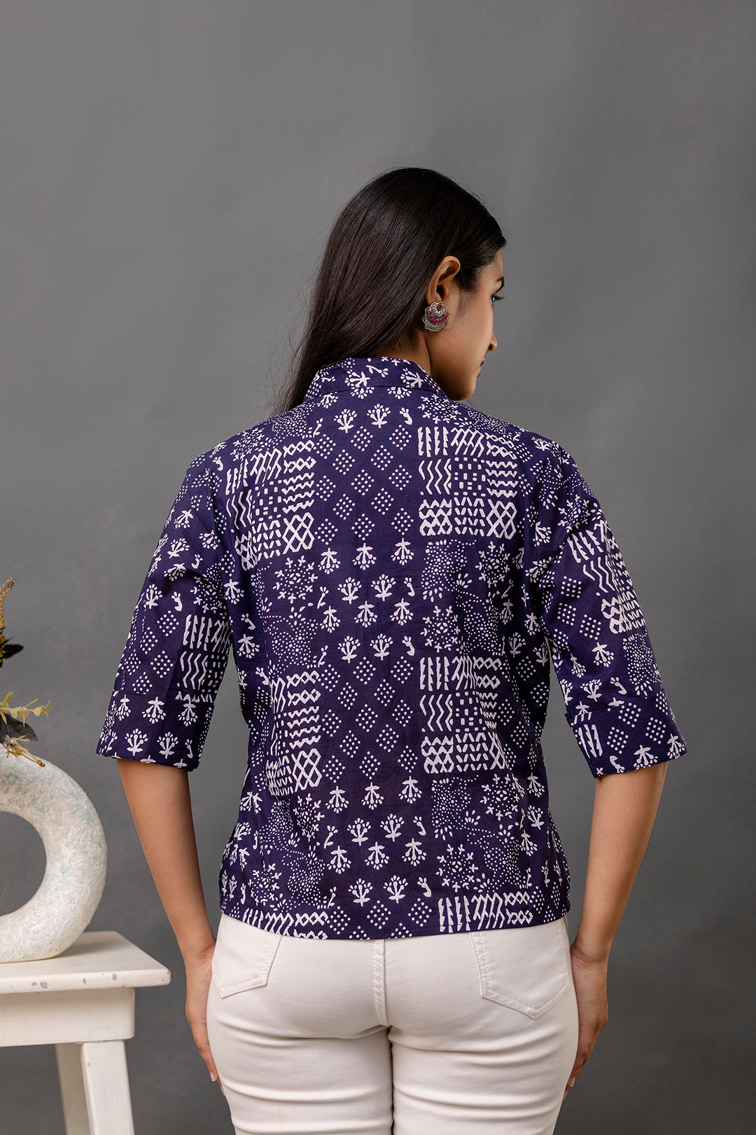 Navy Blue Printed Straight Top