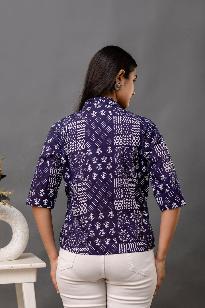 Navy Blue Printed Straight Top