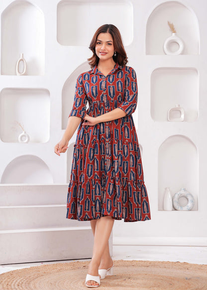 Maroon Ethnic Printed Flared Dress