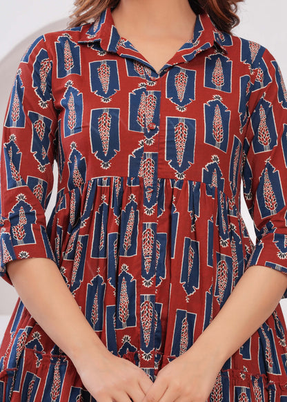 Maroon Ethnic Printed Flared Dress