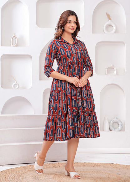 Maroon Ethnic Printed Flared Dress
