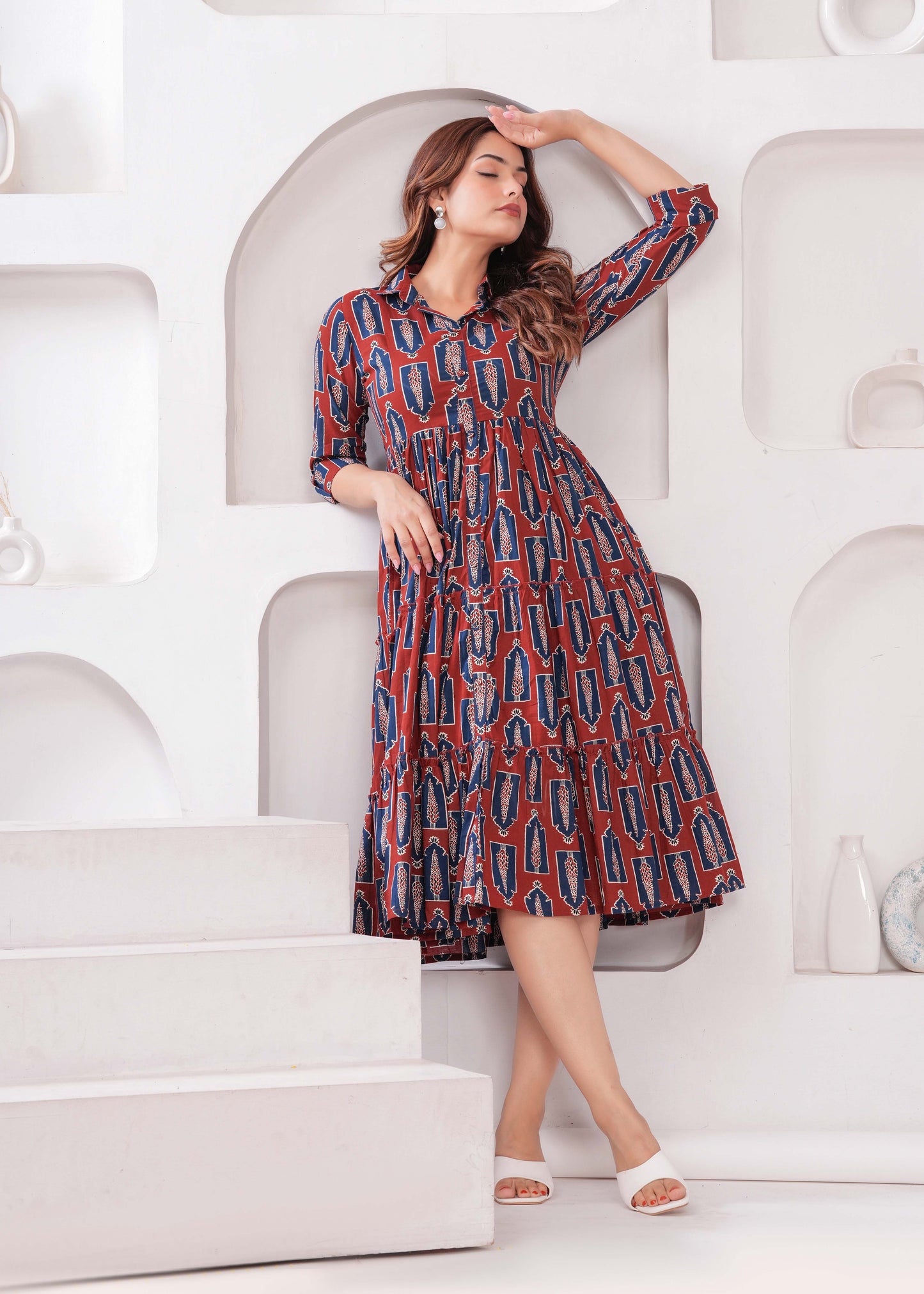 Maroon Ethnic Printed Flared Dress