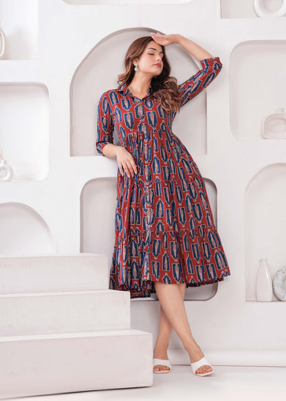 Maroon Ethnic Printed Flared Dress