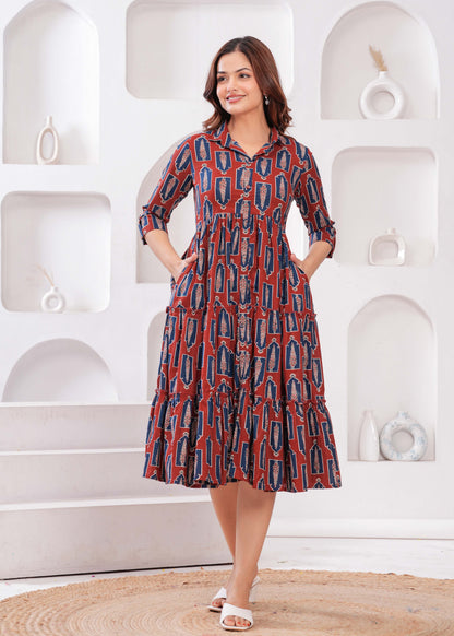 Maroon Ethnic Printed Flared Dress