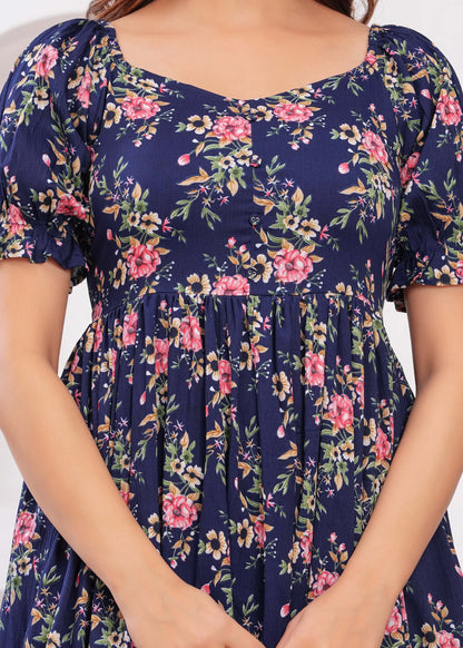 Navy Blue Ethnic Printed Flared Dress