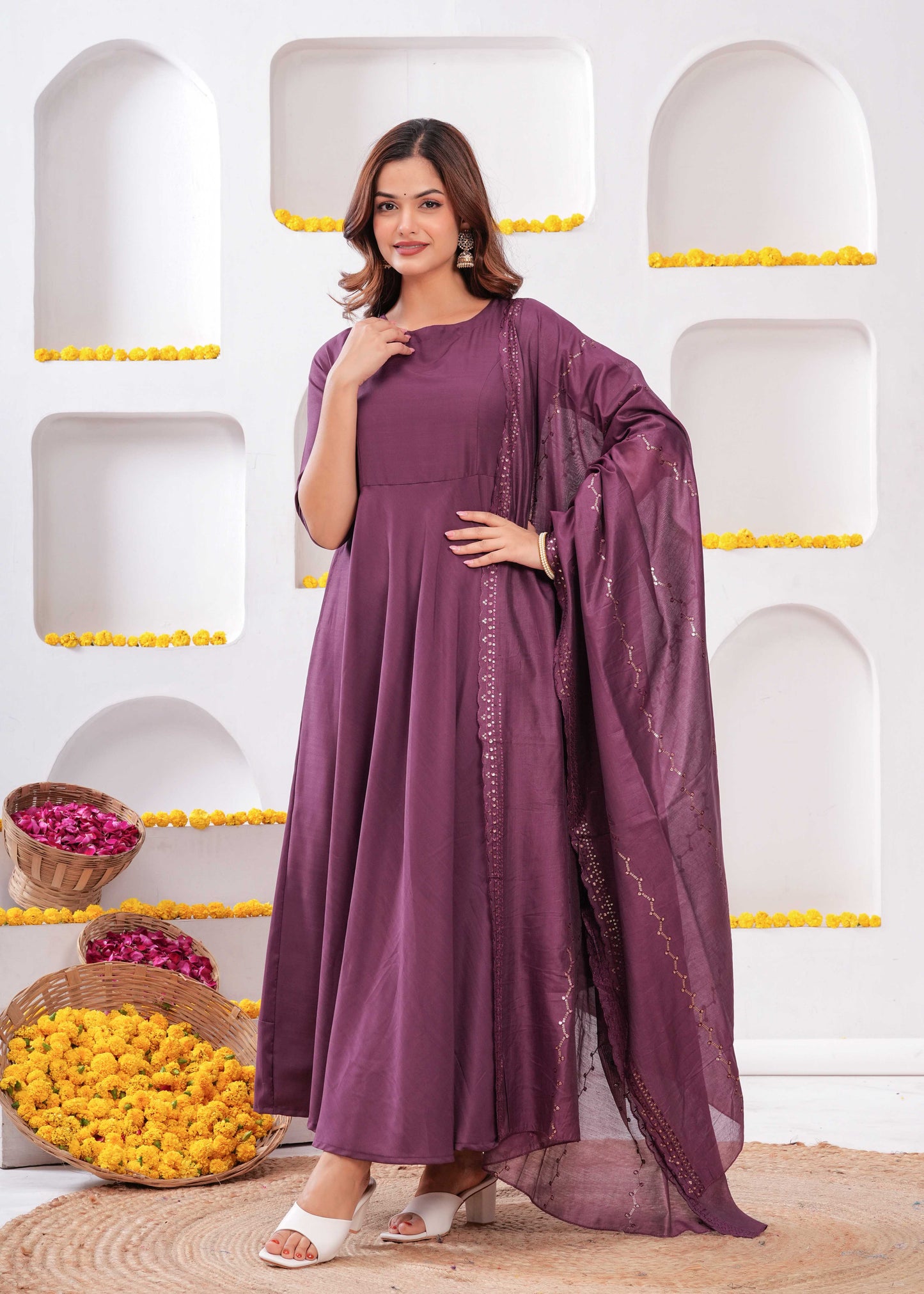 Purple Flared Dress with Dupatta
