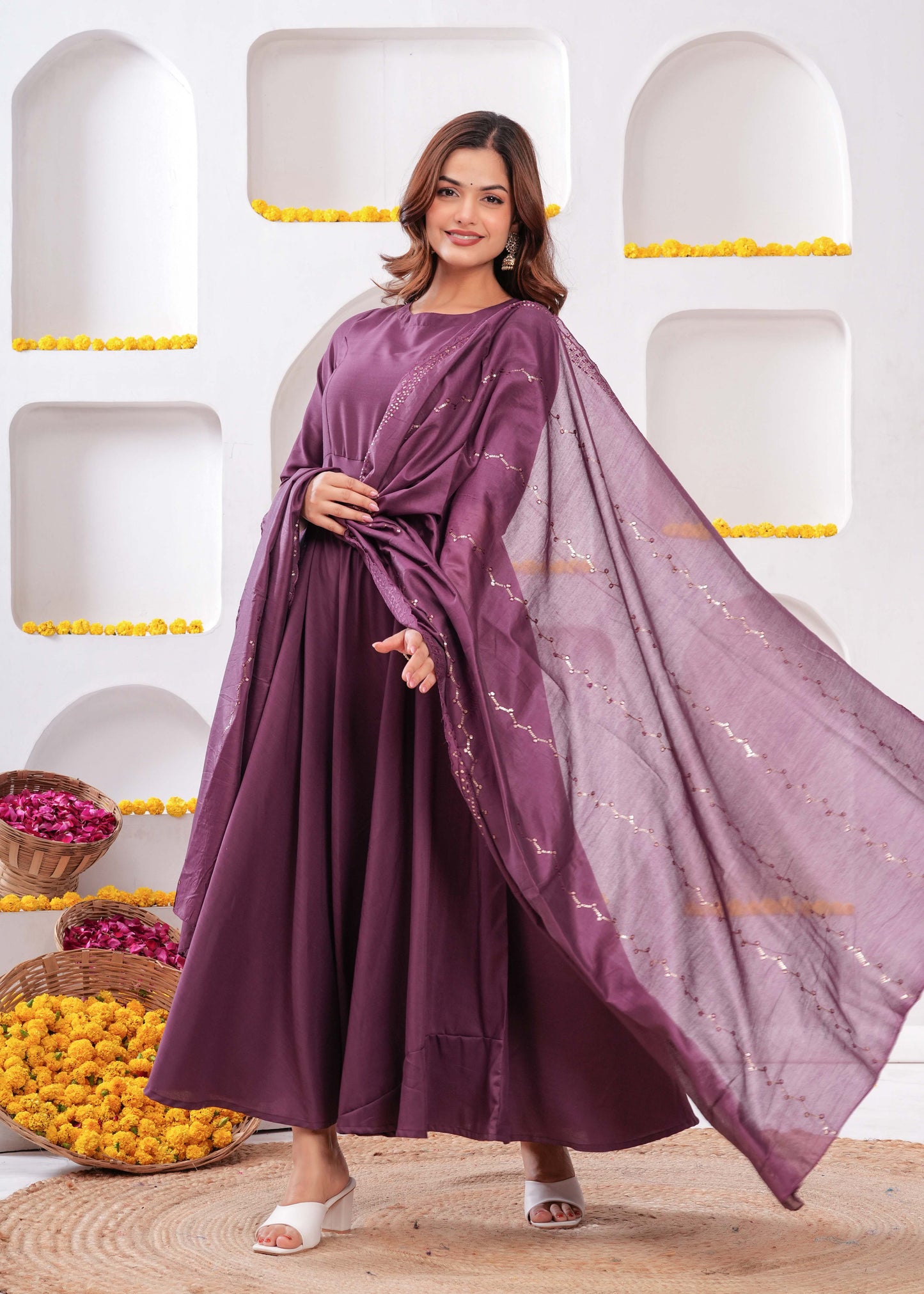 Purple Flared Dress with Dupatta