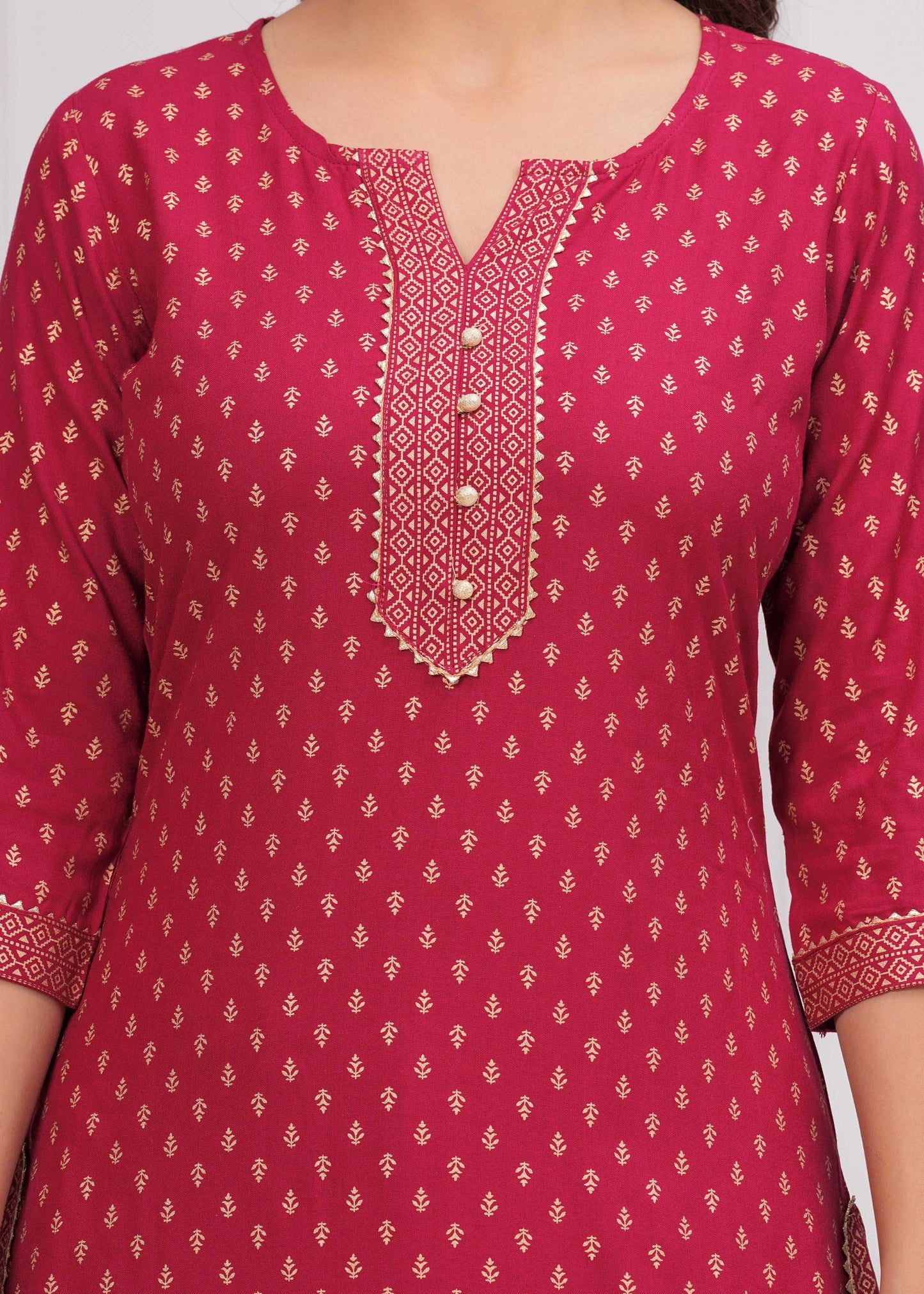 Pink Gold Printed Straight Kurta Set With Net Dupatta for Women