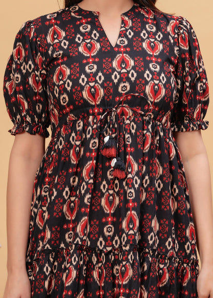 Black Abstract Printed Flared Dress
