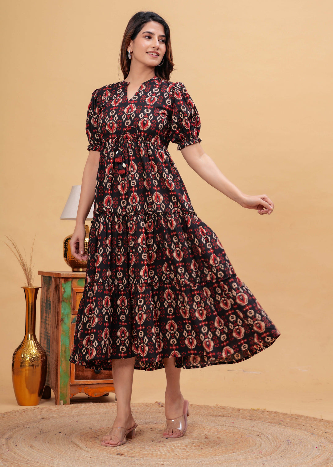 Black Abstract Printed Flared Dress