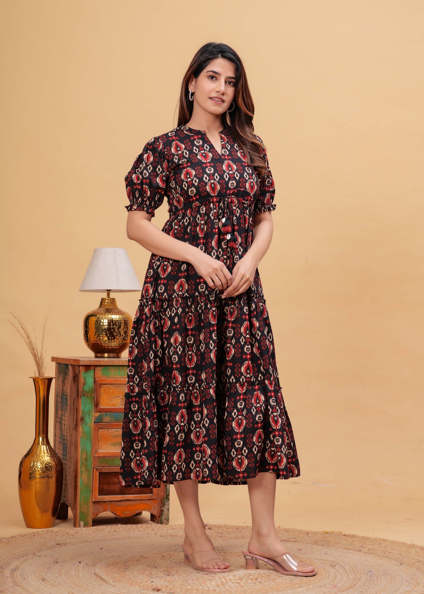 Black Abstract Printed Flared Dress