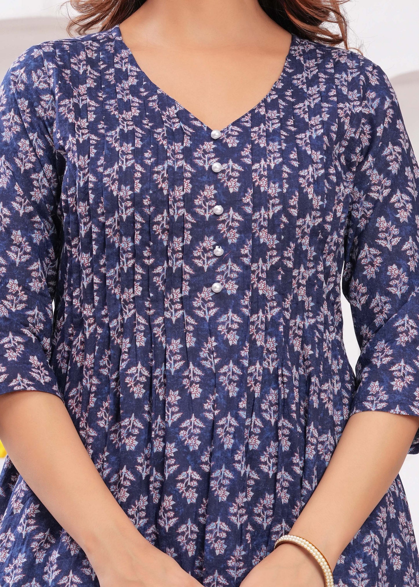 Blue Printed A-Line Kurta with Three Quarter Sleeves