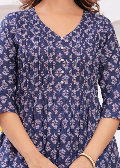 Blue Printed A-Line Kurta with Three Quarter Sleeves