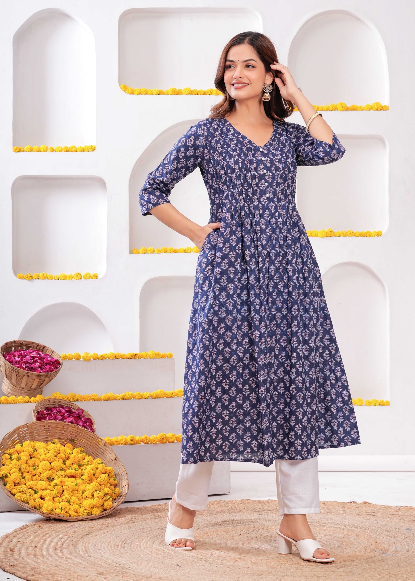 Blue Printed A-Line Kurta with Three Quarter Sleeves