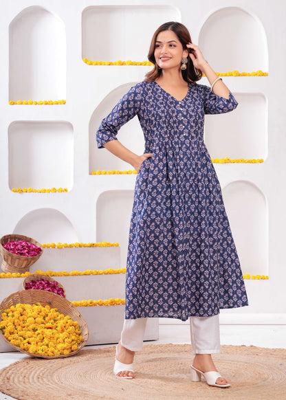 Blue Printed A-Line Kurta with Three Quarter Sleeves