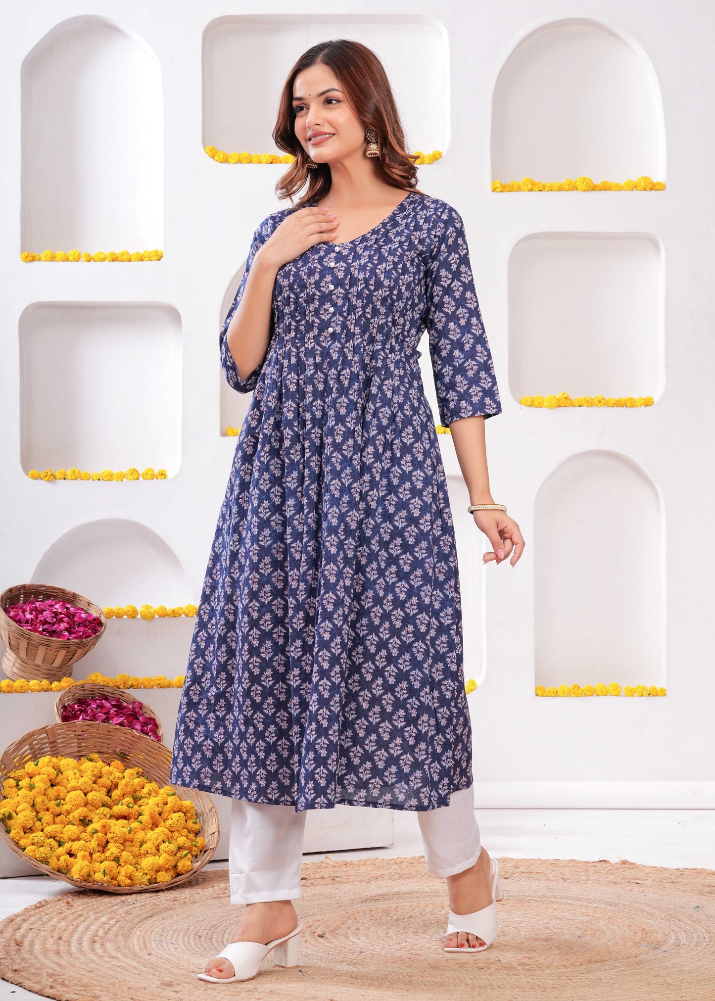 Blue Printed A-Line Kurta with Three Quarter Sleeves