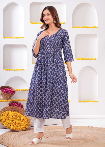 Blue Printed A-Line Kurta with Three Quarter Sleeves