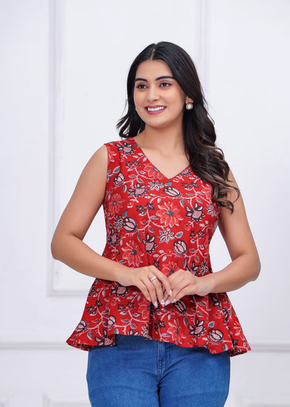 Red Floral Printed Peplum Tunic