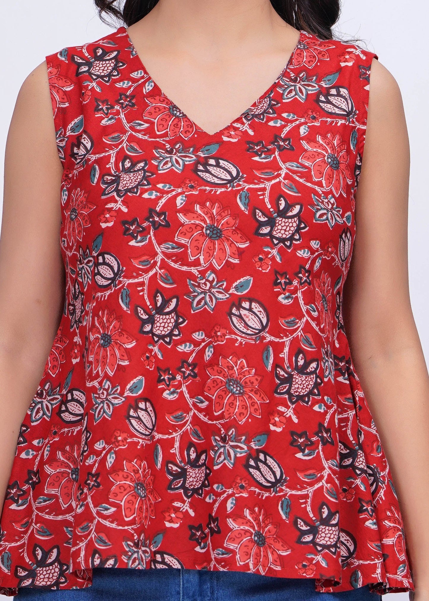 Red Floral Printed Peplum Tunic