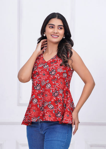 Red Floral Printed Peplum Tunic