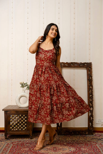 Maroon Floral Printed Flared Dress