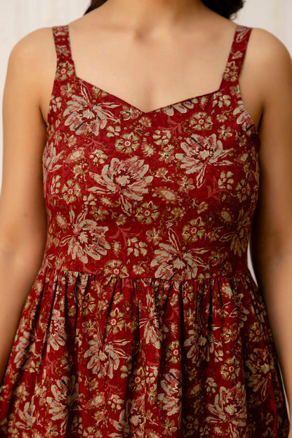 Maroon Floral Printed Flared Dress