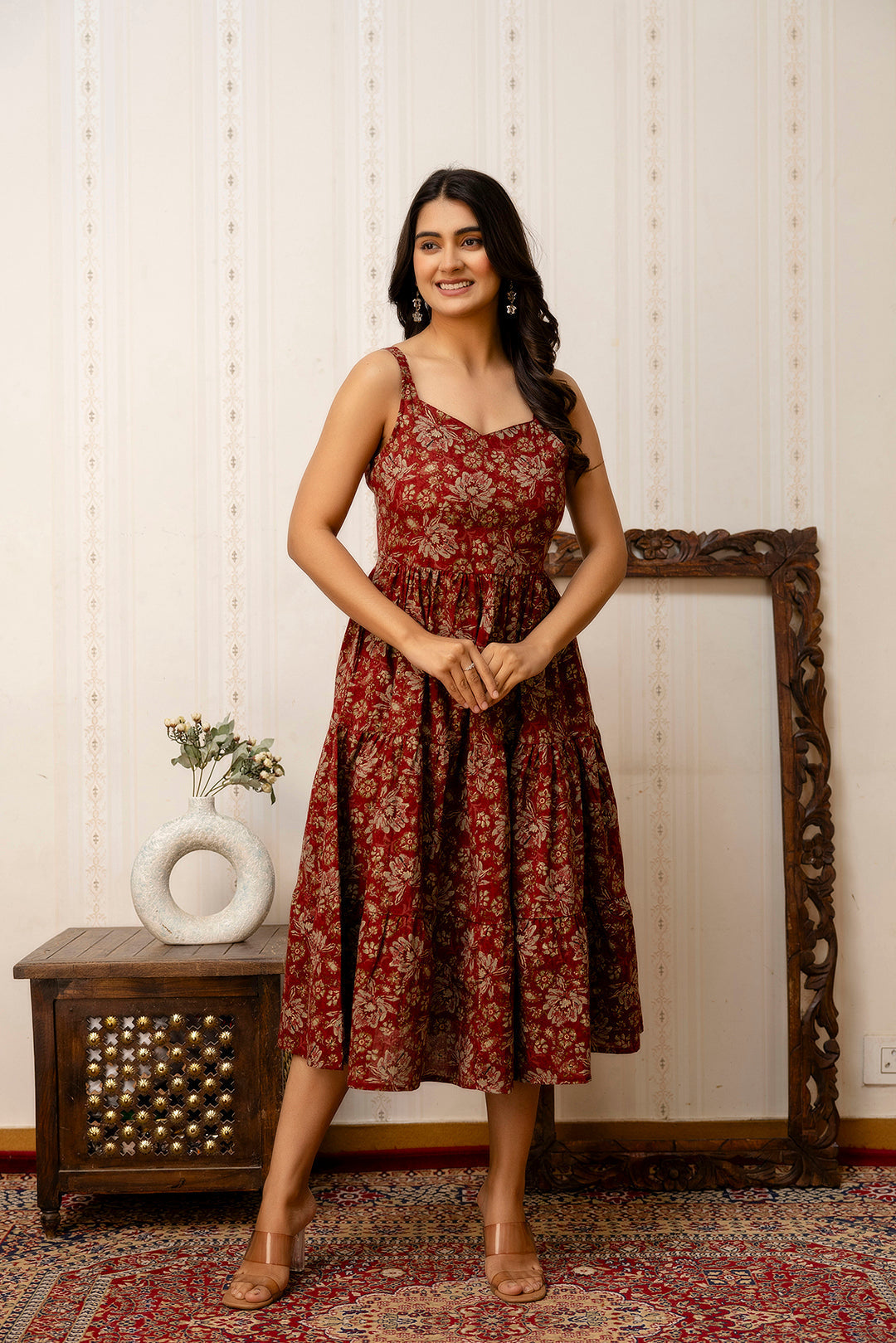 Maroon Floral Printed Flared Dress