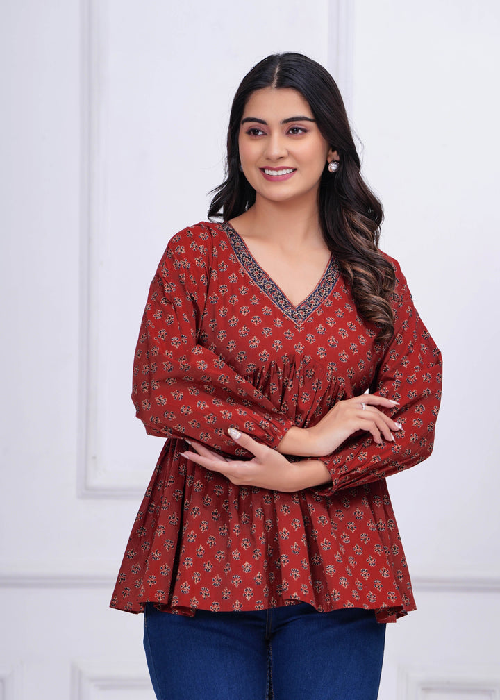 Maroon Printed Peplum Tunic