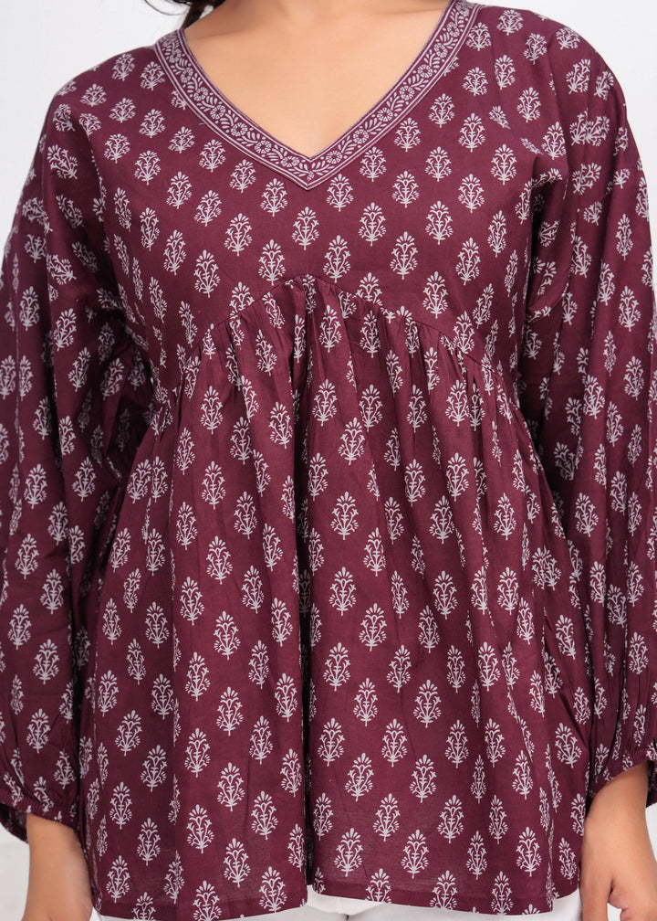 Winecolor Ethnic Printed Peplum Tunic