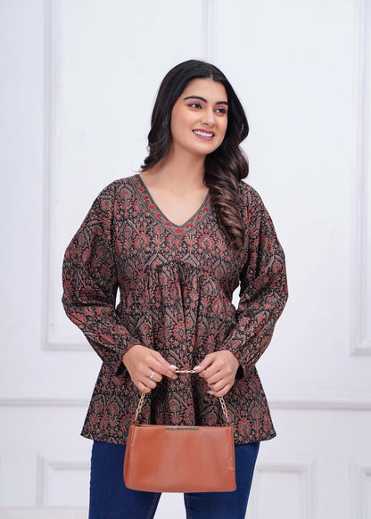 Black Ethnic Printed Peplum Tunic