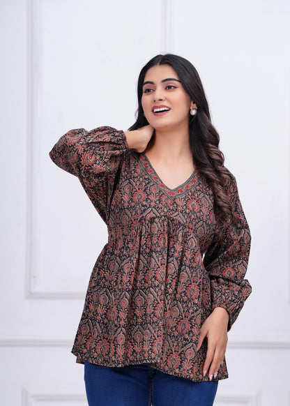 Black Ethnic Printed Peplum Tunic