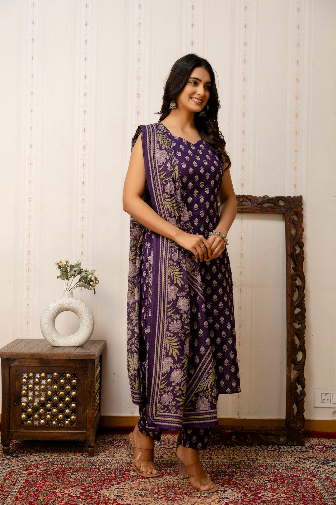 Purple Printed Straight Kurta & Trouser With Dupatta