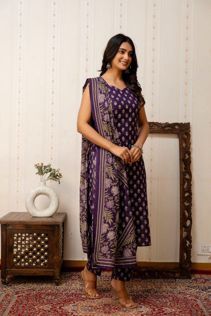 Purple Printed Straight Kurta &amp; Trouser With Dupatta