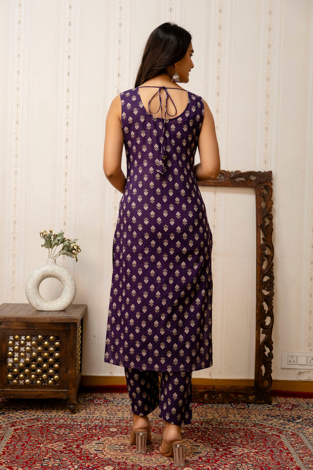 Purple Printed Straight Kurta &amp; Trouser With Dupatta