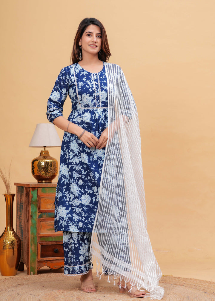 Indigo Blue Straight Kurta &amp; Palazzo With Dupatta