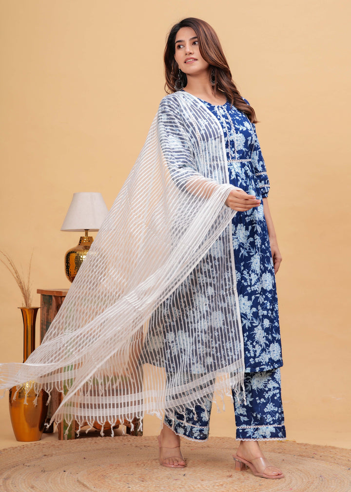 Indigo Blue Straight Kurta &amp; Palazzo With Dupatta