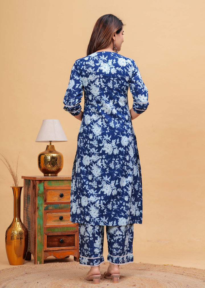 Indigo Blue Straight Kurta &amp; Palazzo With Dupatta