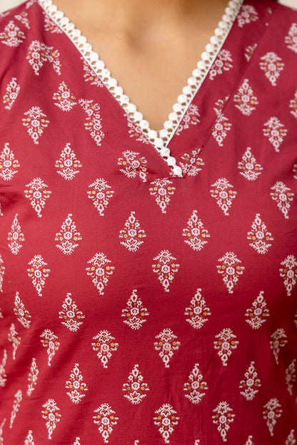 Pink Printed Straight V-neck Kurta