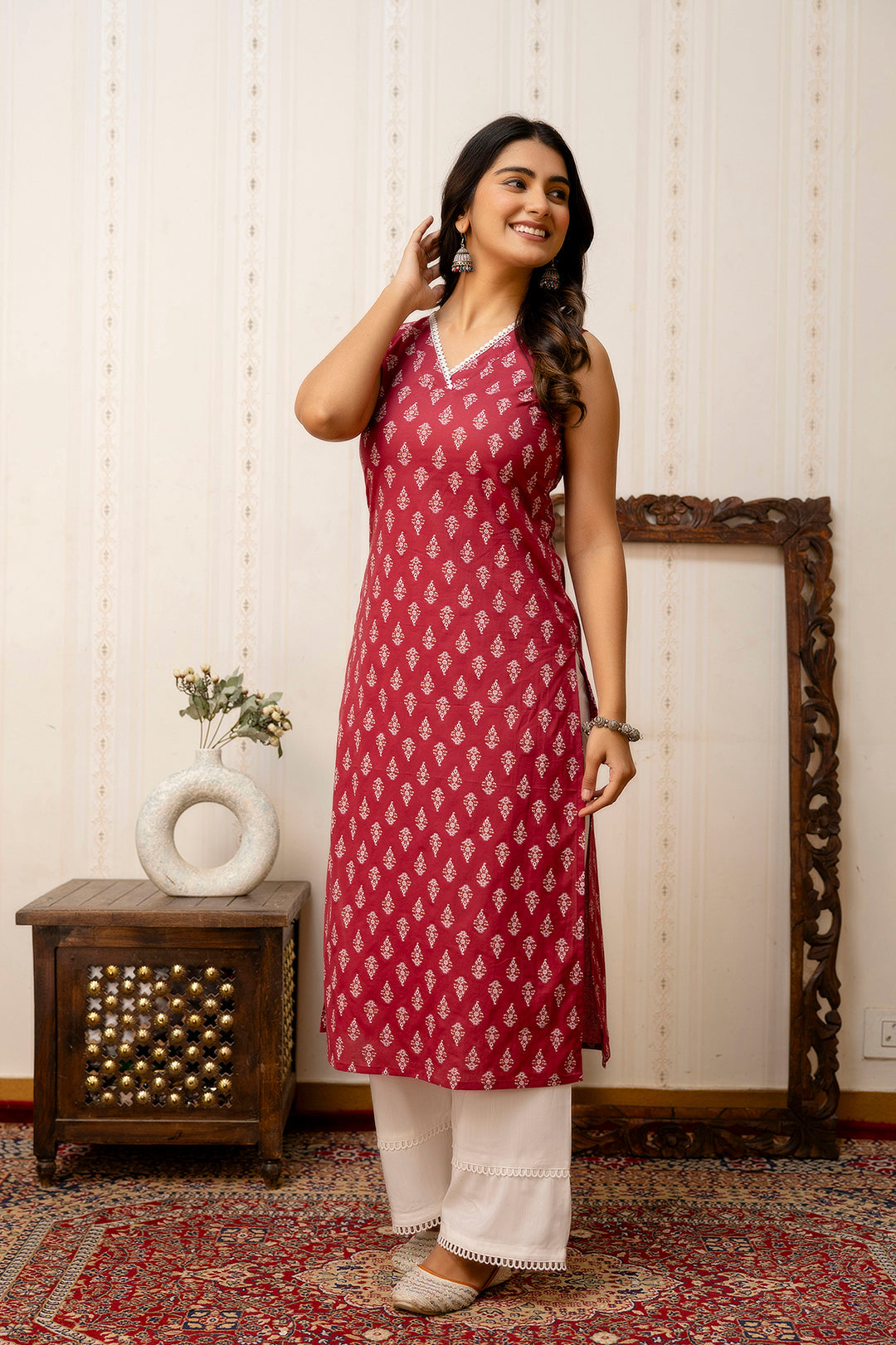 Pink Printed Straight V-neck Kurta