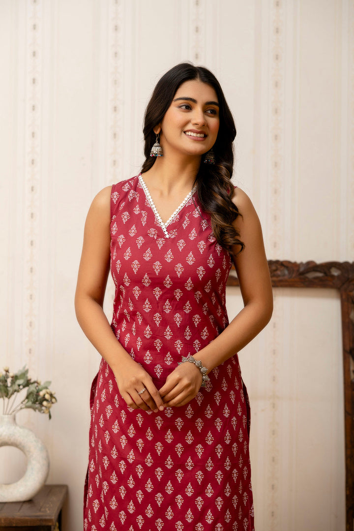 Pink Printed Straight V-neck Kurta
