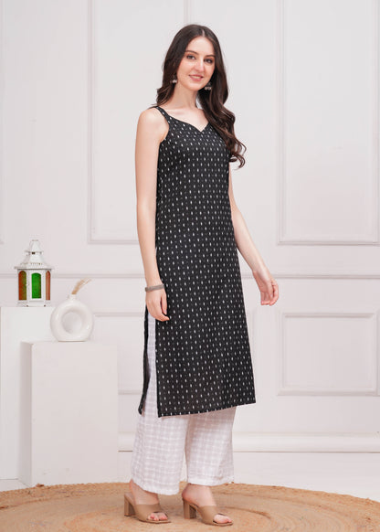 Black Printed Straight Shoulder Straps Kurta
