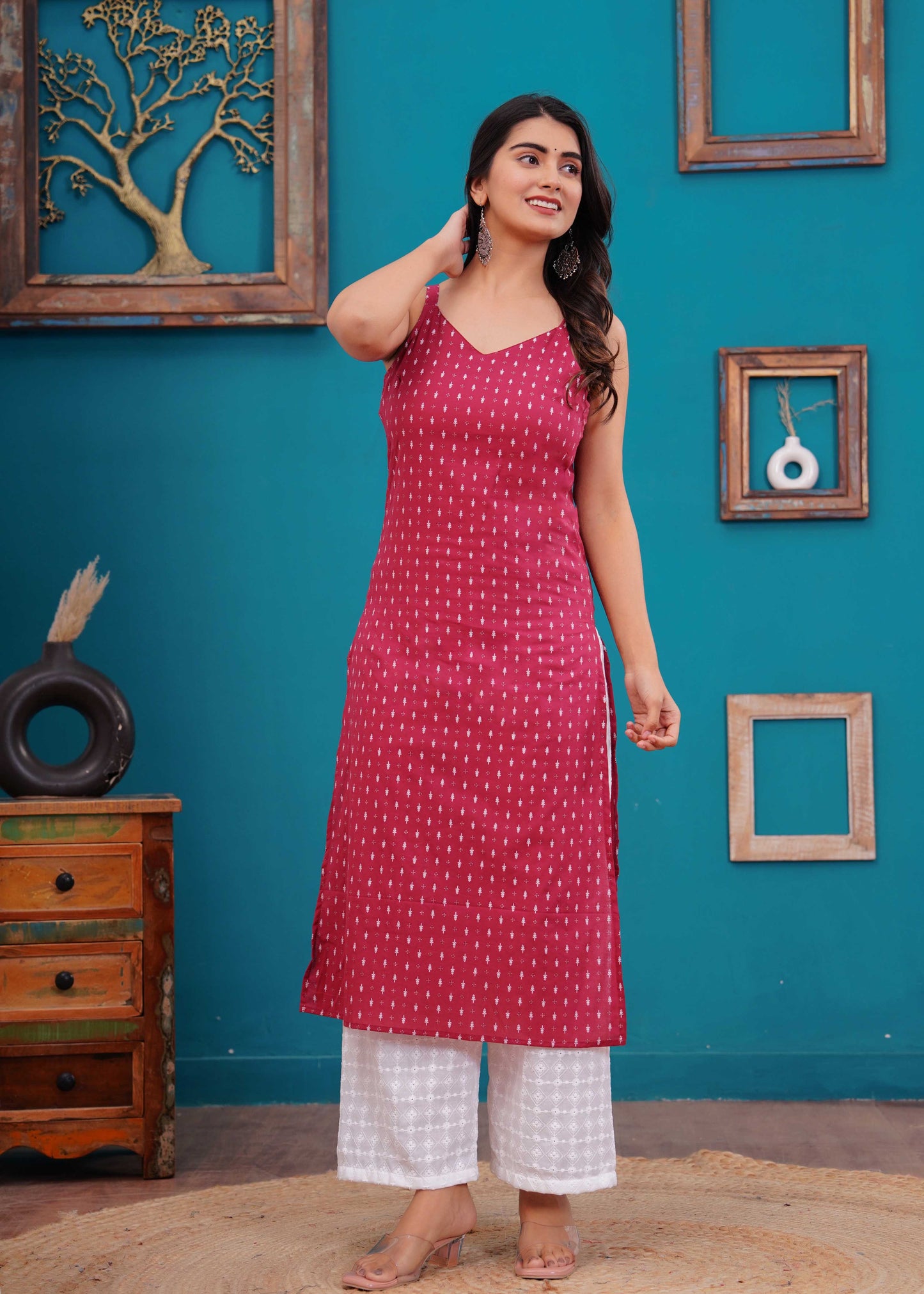Pink Printed Straight Shoulder Straps Kurta
