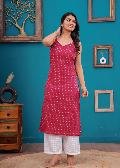 Pink Printed Straight Shoulder Straps Kurta
