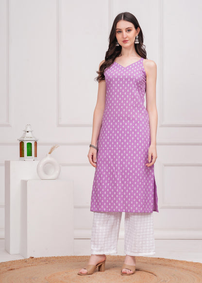 Purple Printed Straight Shoulder Straps Kurta