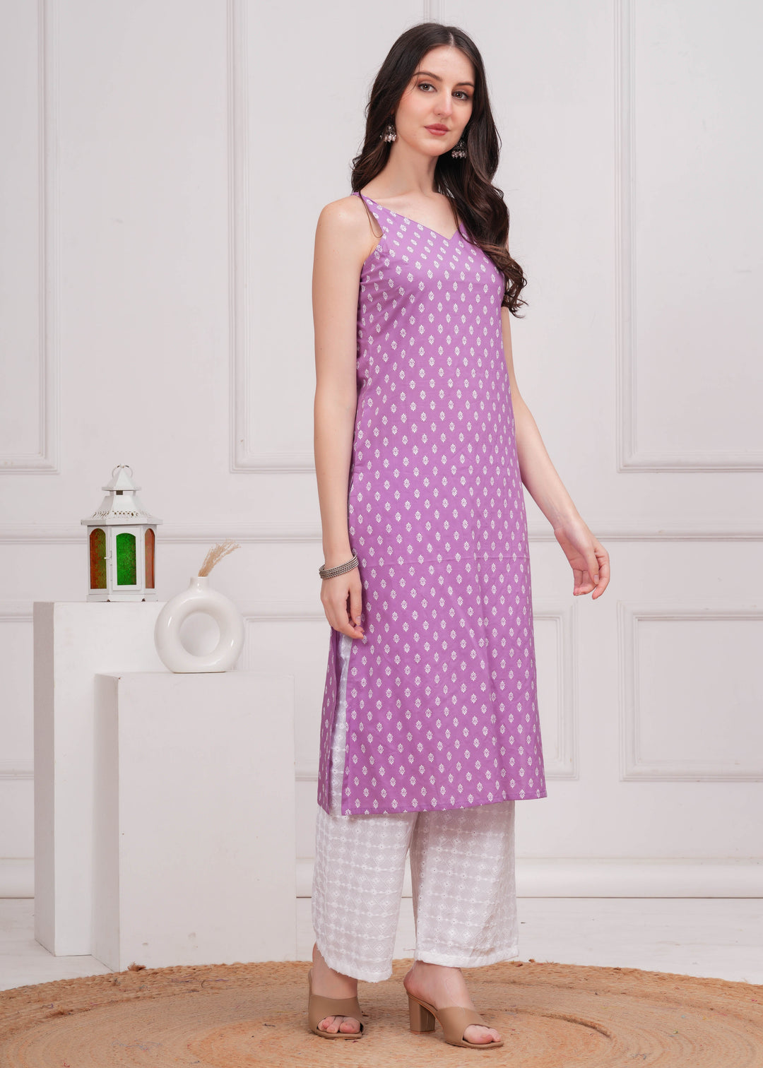 Purple Printed Straight Shoulder Straps Kurta