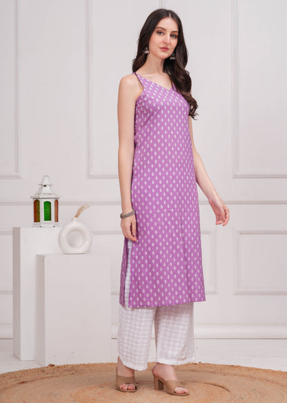 Purple Printed Straight Shoulder Straps Kurta