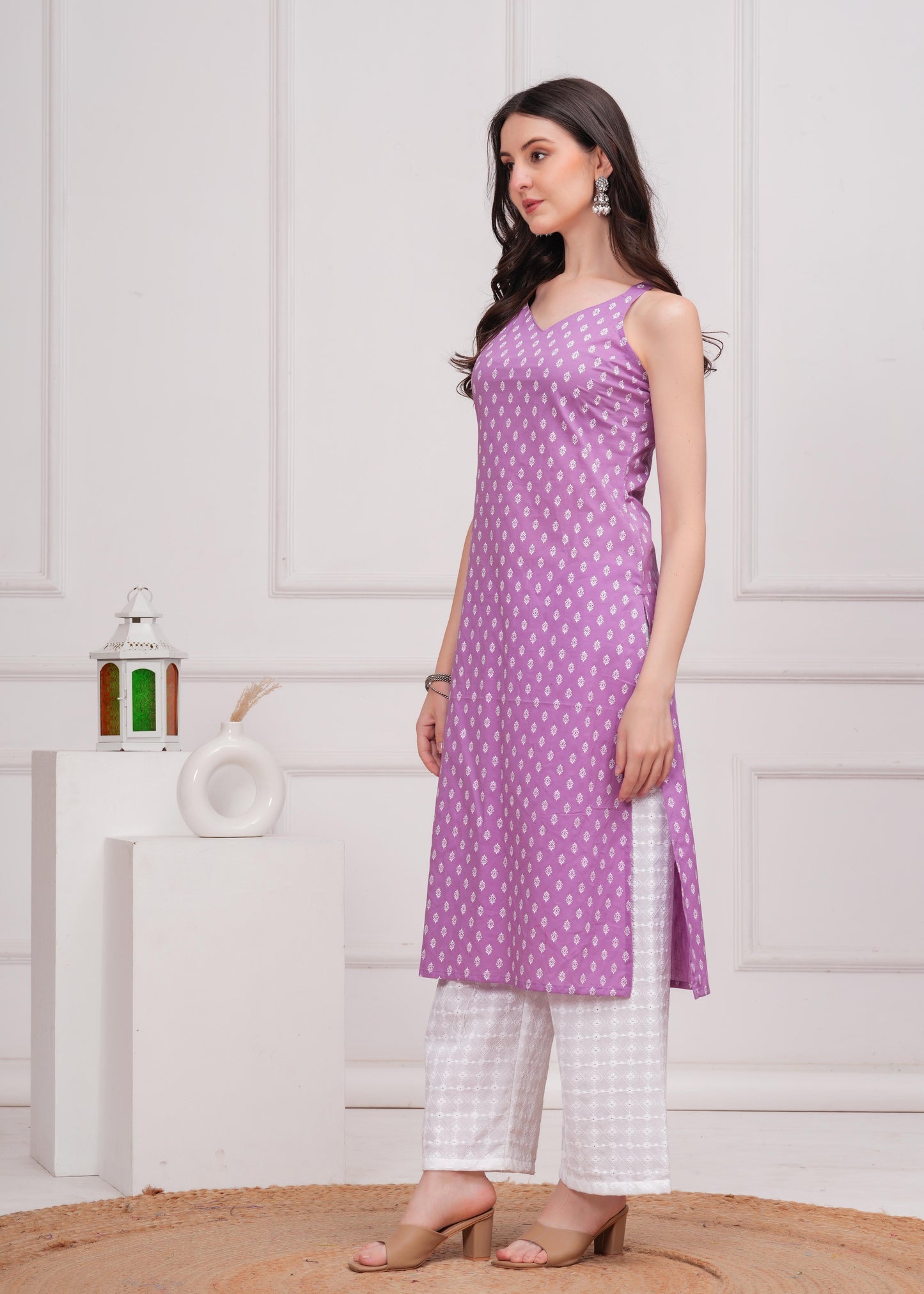 Purple Printed Straight Shoulder Straps Kurta