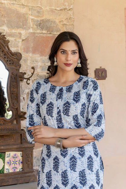 Blue Printed Straight Kurta with Three Quarter Sleeves
