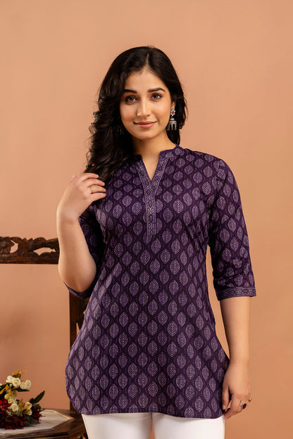 Purple Printed Straight Tunic With Three Quarter Sleeves