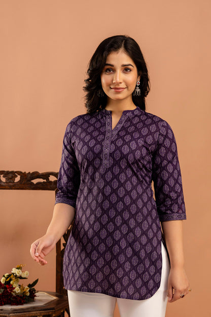 Purple Printed Straight Tunic With Three Quarter Sleeves